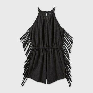 Art Class Knit Fringe Romper Black
